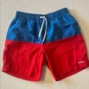 chubbies Blue and Red Colorblock Swim Trunks with White Drawstring